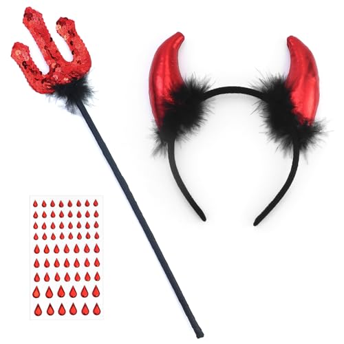 Halloween Teufelshörner und Dreizack, Karneval Teufel Kostüm Damen, Hörner Haarreif Rot, 36cm Zepter, Hörner Kopfschmuck Teufel Accessoire Party, mit 1 Bogen roter Wassertropfen-Aufkleber von JRSHIRLEYLTD