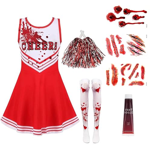 Cheerleader Kostüm Kinder, Faschingskostüme Kinder, 8 Stücke Cheerleader Kostüm Mit Strümpfen, Halloween Gruseliger für Jungen, Mädchen (Rot, 140) von JRYBXS