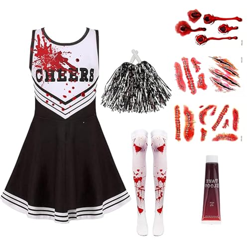 Cheerleader Kostüm Kinder, Faschingskostüme Kinder, 8 Stücke Cheerleader Kostüm Kinder Mit Strümpfen Kunstblut, Halloween Gruseliger Cheerleader Kostüm für Jungen, Mädchen(140CM) von JRYBXS