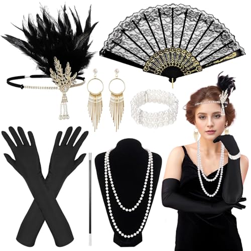 20er Jahre Kostüm Damen, Faschingskostüme Damen, 9 Stück 20er Jahre Accessoires, Einschließlich Faltfächer Handschuhe Ohrringe Handarmband Halskette Stirnband, Faschingskostüme Damen 20er Jahre 20er Jahre Kostüm Damen, Faschingskostüme Damen, 9 Stück 20er Jahre Accessoires, Einschließlich Faltfächer Handschuhe Ohrringe Handarmband Halskette Stirnband, Faschingskostüme Damen 20er Jahre von JRYBXS