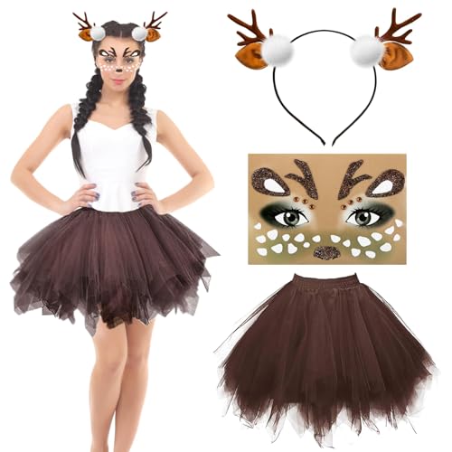 JRYBXS 3 teiliges Rentier Kostüm, Faschingskostüme Damen, Tüllrock Damen, Rentier Face Tattoo, Geweih Haarreif, Geeignet für Weihnachts Faschings Cosplay Mottoparty JRYBXS 3 teiliges Rentier Kostüm, Faschingskostüme Damen, Tüllrock Damen, Rentier Face Tattoo, Geweih Haarreif, Geeignet für Weihnachts Faschings Cosplay Mottoparty von JRYBXS