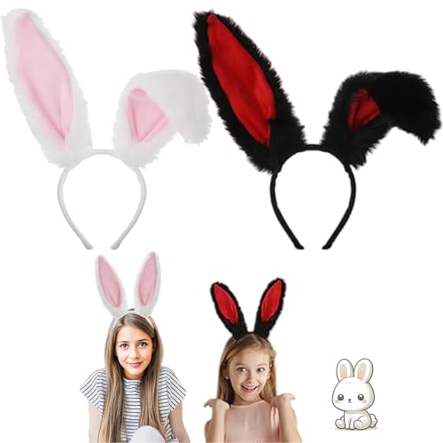 JRYBXS Hasenohren Haarreif, 2 Stück Hasenohren Karneval Schwarz Rot Weiß, Cosplay Damen, für Ostern Halloween Karneval von JRYBXS