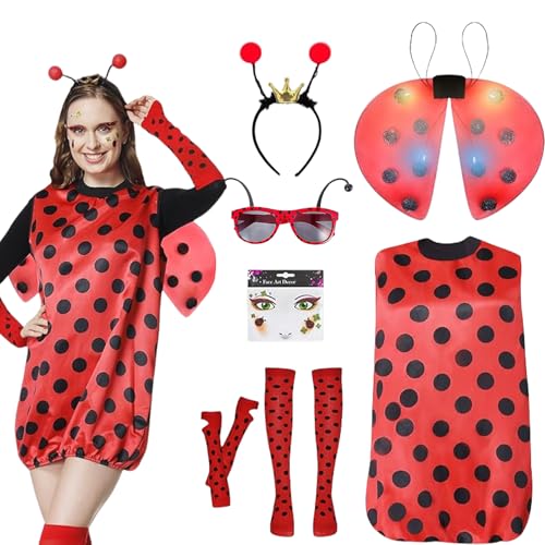 JRYBXS Ladybug Kostüm Mädchen, Faschingskostüme Damen, 9 Stück Rot Mit Glühende Flügel und Haarbänder Lady Bug kostüm, Ladybug Party Outfit für Karneval Dress Up Party Cosplay von JRYBXS