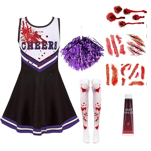 JRYBXS Cheerleader Kostüm Kinder, Halloween Kostüm Damen, 8 Stück Karneval Kostüm Damen Mit Strümpfen Kunstblut, Halloween Kostüm Gruseliger Cheerleader (Lila, 130) JRYBXS Cheerleader Kostüm Kinder, Halloween Kostüm Damen, 8 Stück Karneval Kostüm Damen Mit Strümpfen Kunstblut, Halloween Kostüm Gruseliger Cheerleader (Lila, 130) von JRYBXS