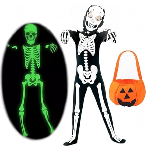 Kostüm Halloween Kinder Skelett, Halloween Kostüm, 5 Stücke Skelett Kostümset Party Mit Kürbis Goody Bag Zubehör Cosplay Requisiten, Geeignet für Halloween Party Deko für Jungen Und Mädchen (L) Kostüm Halloween Kinder Skelett, Halloween Kostüm, 5 Stücke Skelett Kostümset Party Mit Kürbis Goody Bag Zubehör Cosplay Requisiten, Geeignet für Halloween Party Deko für Jungen Und Mädchen (L) von JRYBXS