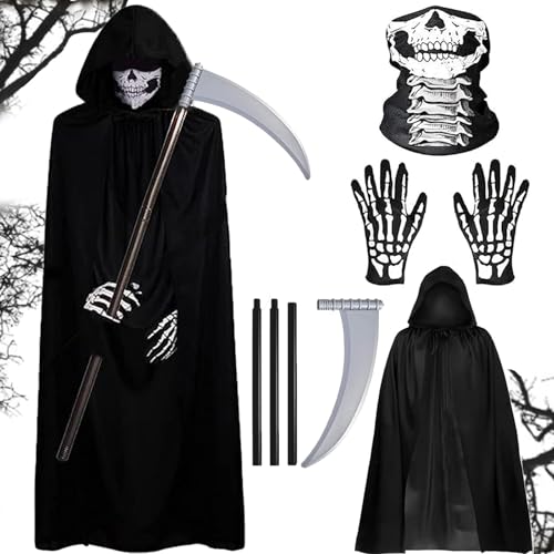Sensenmann Kostüm, Halloween Deko, 4 PCS Skelett Kostüm Set für Erwachsene Totenkopf Maske, Skelett Handschuhe, Todeszubehör und schwarzer Umhang, Halloween Kostüme Damen für eine gruselige Atmosphäre Sensenmann Kostüm, Halloween Deko, 4 PCS Skelett Kostüm Set für Erwachsene Totenkopf Maske, Skelett Handschuhe, Todeszubehör und schwarzer Umhang, Halloween Kostüme Damen für eine gruselige Atmosphäre von JRYBXS