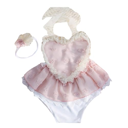 JSGHGDF Strampler aus Spitze für Neugeborene mit Blumen-Stirnband, rückenfreies Fotografie-Outfit, Baby-Mädchen, Fotoshooting-Kostüm, 0-3 Monate von JSGHGDF