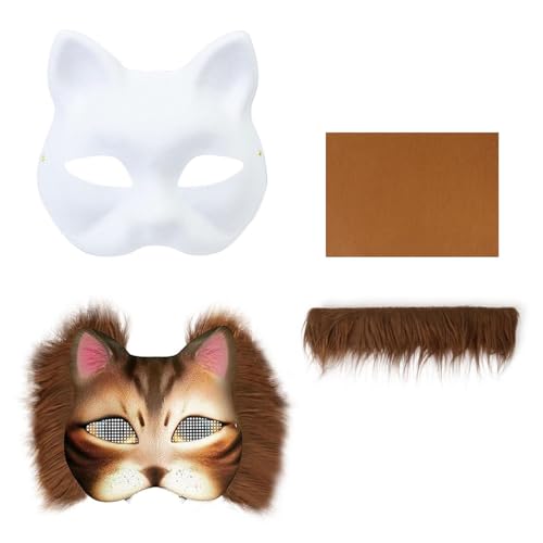 JSGHGDF Unbemaltte Katzen Gesichtsmaske Mit Pelziger Stoffverkleidung Klebstoff Stoff Farbe Halloween Party Maske Klebstoff NET Tuch von JSGHGDF