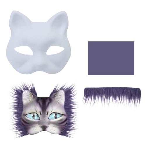 JSGHGDF Unbemaltte Katzen Gesichtsmaske Mit Pelziger Stoffverkleidung Klebstoff Stoff Farbe Halloween Party Maske Klebstoff NET Tuch von JSGHGDF