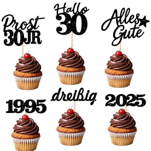 24 Stücke Glitzernde 30. Geburtstag Cupcake Dekorationen - Partyartikel für den 30. Geburtstag 1995 - Kuchendekoration (Schwarz 30) von JSRHEEM