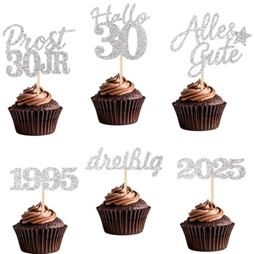 24 Stücke Glitzernde 30. Geburtstag Cupcake Dekorationen - Partyartikel für den 30. Geburtstag 1995 - Kuchendekoration (Silber 30) von JSRHEEM