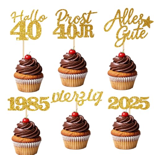 24 Stücke Glitzernde 40. Geburtstag Cupcake Dekorationen - Partyartikel für den 40. Geburtstag 1985 - Kuchendekoration (Gold 40) von JSRHEEM