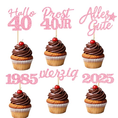 24 Stücke Glitzernde 40. Geburtstag Cupcake Dekorationen - Partyartikel für den 40. Geburtstag 1985 - Kuchendekoration (Rosa 40) von JSRHEEM
