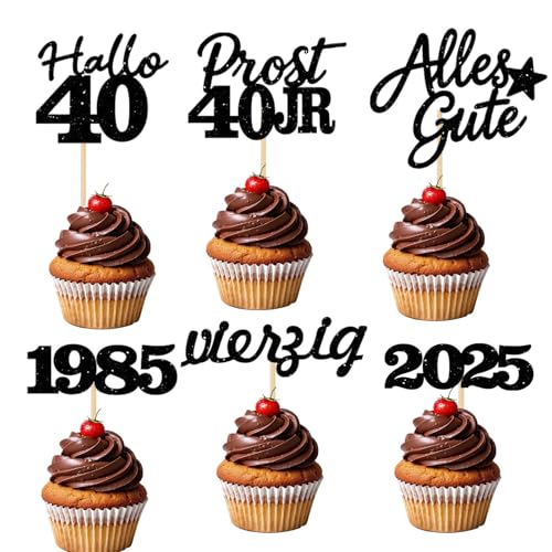 24 Stücke Glitzernde 40. Geburtstag Cupcake Dekorationen - Partyartikel für den 40. Geburtstag 1985 - Kuchendekoration (Schwarz 40) von JSRHEEM