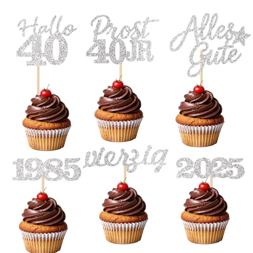 24 Stücke Glitzernde 40. Geburtstag Cupcake Dekorationen - Partyartikel für den 40. Geburtstag 1985 - Kuchendekoration (Silber 40) von JSRHEEM