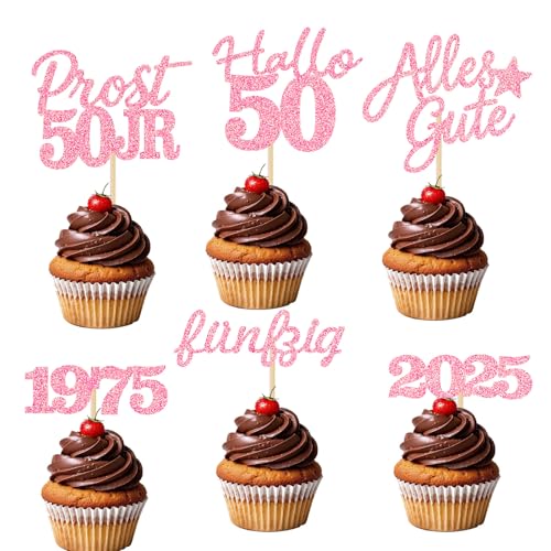 24 Stücke Glitzernde 50. Geburtstag Cupcake Dekorationen - Partyartikel für den 0. Geburtstag 1975 - Kuchendekoration (Rosa 50) von JSRHEEM