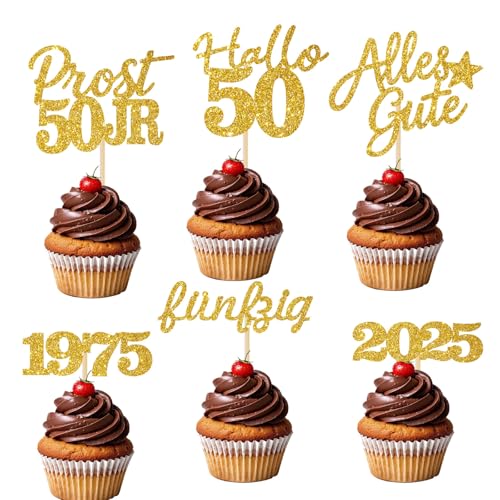 24 Stücke Glitzernde 50. Geburtstag Cupcake Dekorationen - Partyartikel für den 50. Geburtstag 1975 - Kuchendekoration (Gold 50) von JSRHEEM