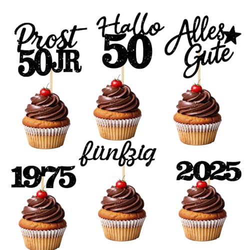 24 Stücke Glitzernde 50. Geburtstag Cupcake Dekorationen - Partyartikel für den 50. Geburtstag 1975 - Kuchendekoration (Schwarz 50) von JSRHEEM