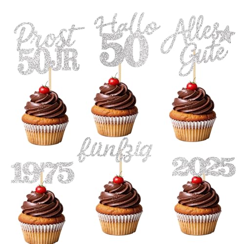 24 Stücke Glitzernde 50. Geburtstag Cupcake Dekorationen - Partyartikel für den 50. Geburtstag 1975 - Kuchendekoration (Silber 50) von JSRHEEM