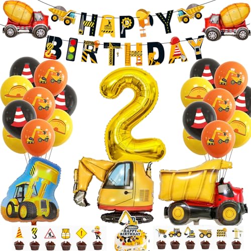 Bagger Deko für den 2. Geburtstag – Baustellen-Partydeko für Jungen, BAU Festdekor mit Luftballons, Happy Birthday Banner und Bagger-Dekoration (Gelb 2) von JSRHEEM