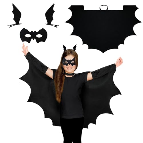 JSRHEEM Bat Costume, Halloween Fledermaus Kostüm Kinder, Fledermaus Cape, Fledermaus Maske in Schwarz, Halloween Fledermausflügel Haarspangen L von JSRHEEM