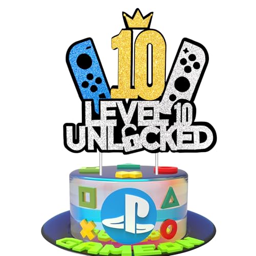 JSRHEEM Geburtstagskuchendeko für Gaming-Fans, Level 10 freigeschaltet, Glitzernde Spielkonsole, Cupcake-Topper für Jungen und Mädchen, Alter 10 Jahre (10 Jahre) von JSRHEEM