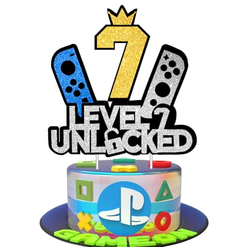 JSRHEEM Geburtstagskuchendeko für Gaming-Fans, Level 7 freigeschaltet, Glitzernde Spielkonsole, Cupcake-Topper für Jungen und Mädchen, Alter 7 Jahre (7 Jahre) von JSRHEEM