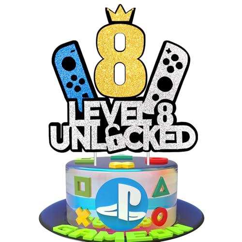JSRHEEM Geburtstagskuchendeko für Gaming-Fans, Level 8 freigeschaltet, Glitzernde Spielkonsole, Cupcake-Topper für Jungen und Mädchen, Alter 8 Jahre Jahre (8 Jahre) von JSRHEEM