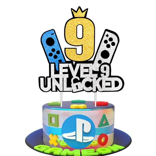 JSRHEEM Geburtstagskuchendeko für Gaming-Fans, Level 9 freigeschaltet, Glitzernde Spielkonsole, Cupcake-Topper für Jungen und Mädchen, Alter 9 Jahre (9 Jahre) von JSRHEEM