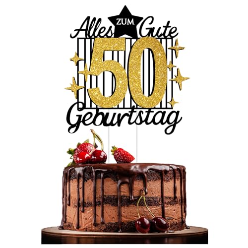 Torten Deko 18/20/30/40/50/60/70. Geburtstag – Goldene & Schwarze Kuchendeko | Happy 18th Birthday Cake Topper für Frauen & Männer (black gold 50) von JSRHEEM