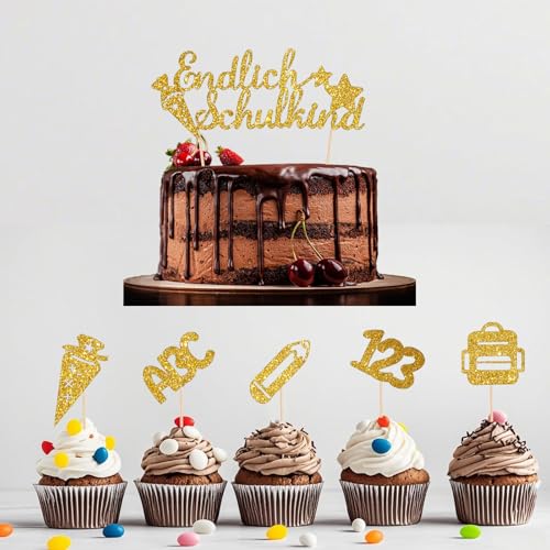 Tortendeko Einschulung 2025, 11er Set Cake Topper "Endlich Schulkind", ABC 123, Zuckertüten - Mädchen & Junge - Ideal für Schulanfang & Geschenke-School Cake Decoration Set (Gold) von JSRHEEM