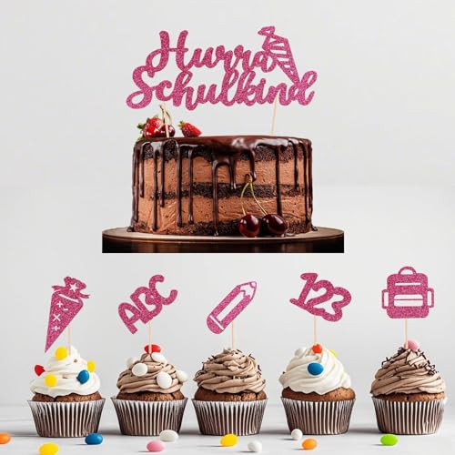 Tortendeko Einschulung 2025, 11er Set Cake Topper "Hurra Schulkind", ABC 123, Zuckertüten - Mädchen & Junge - Ideal für Schulanfang & Geschenke-School Cake Decoration Set (Rosa) von JSRHEEM