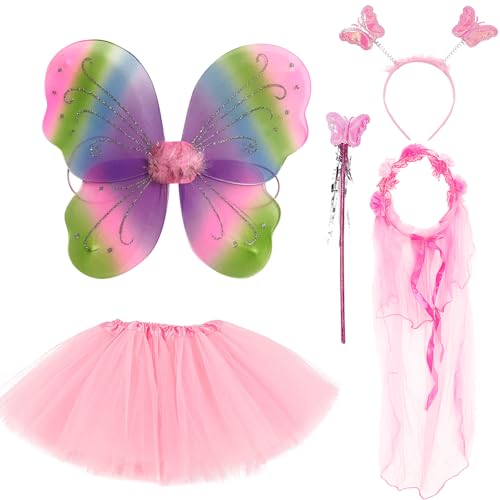 JSTHHTT 5 Pcs Feen kostüm Kinder für Mädchen, Feenflügel Kinder Schmetterling Kostüm Mädchen, Schmetterlingsflügel Kinder Tutu Zauberstab und Haarreifen, Fee Kostüm Damen Schmetterling Flügel JSTHHTT 5 Pcs Feen kostüm Kinder für Mädchen, Feenflügel Kinder Schmetterling Kostüm Mädchen, Schmetterlingsflügel Kinder Tutu Zauberstab und Haarreifen, Fee Kostüm Damen Schmetterling Flügel von JSTHHTT
