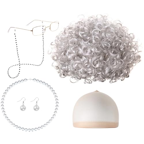 JSTHHTT 7 Stück Oma Perücke Kostüm Set, Großmutter Cosplay Zubehör Set, Oma Perücke Kostüm Accessoire, Oma Brille Brillen mit Ketten, Perlenkette, Alte Dame Cosplay Set für Fasching Karneval Hallowee von JSTHHTT