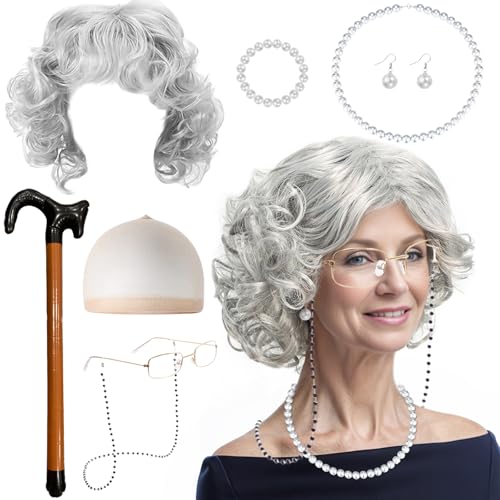 JSTHHTT 9 Stück Old Lady Kostüm Großmutter Cosplay Oma Perücken Perücke Künstlicher, Brillen Ketten Oma Brille Armband Perlenkette, Alte Dame Cosplay Set von JSTHHTT