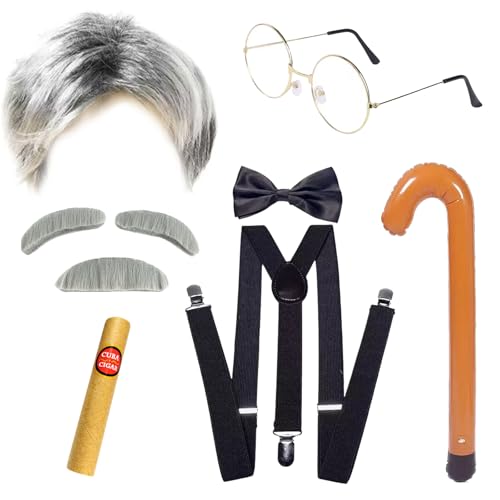 JSTHHTT 9 Stück Opa Kostüm Set, Alter Mann Perücke Großvater Kostüm, Grandpa Opa Perücke Perücke, Schnauzbart Augenbrauen Runde Brille Aufblasbarer Spazierstock für Karneval Halloween Party Cosplay von JSTHHTT