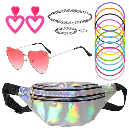 JSTHHTT 90er Jahre Outfit Damen, 17 Pcs 90er Jahre Accessoires, 80s 90s Kleidung Kostüm Accessoires mit Bauchtasche, Armbänder, Brille und Ohrring für Karneval Neon Party JSTHHTT 90er Jahre Outfit Damen, 17 Pcs 90er Jahre Accessoires, 80s 90s Kleidung Kostüm Accessoires mit Bauchtasche, Armbänder, Brille und Ohrring für Karneval Neon Party von JSTHHTT