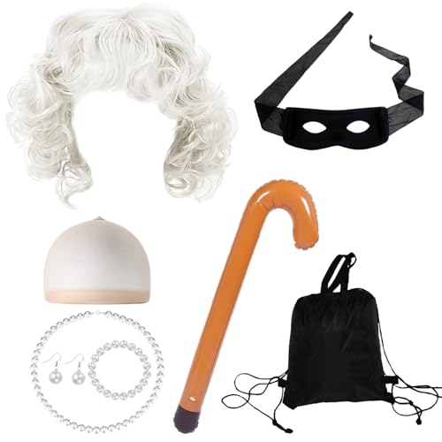 JSTHHTT 9PCS Oma PerüCke KostüM Set, Alte Dame PerüCke RäUber KostüM Oma, Granny KostüMzubehöR, Perlen Armband Perlenkette, GroßMutter Verkleidung FüR Fasching Karneval Halloween Welttag Des Buches von JSTHHTT