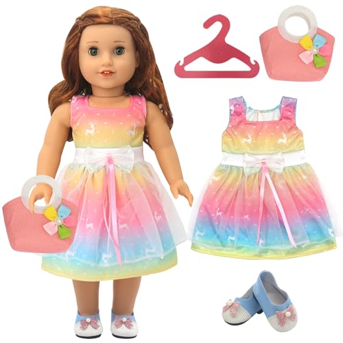 JSTHHTT Puppenkleidungsset, Kleidung Outfits für Baby Puppen, Puppenkleidung für 38-45cm Mädchen Puppe, Regenbogen Bekleidungsset aus Kleid, Schuh, Handtasche von JSTHHTT