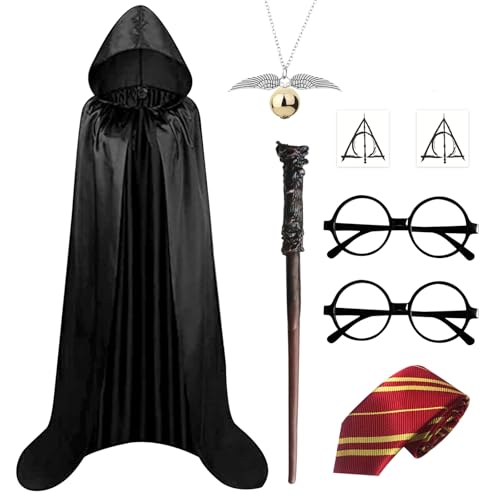 JSTHHTT Zauberer Kostüm Kinder, Zauberer Umhang Kostüm set, Magier Robe, Zauberer Krawatte Brille Kostüm für Jungen Mädchen, Halloween Wizard Costume for Cosplay, Carnival, Fancy Dress von JSTHHTT