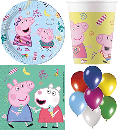 JT-Lizenzen Peppa Pig Messy Play 86-teiliges Kindergeburtstag Party Deko Set Motto Fete Feier 8 Teller, 8 Becher, 20 Servietten, 50 Luftballons von JT-Lizenzen