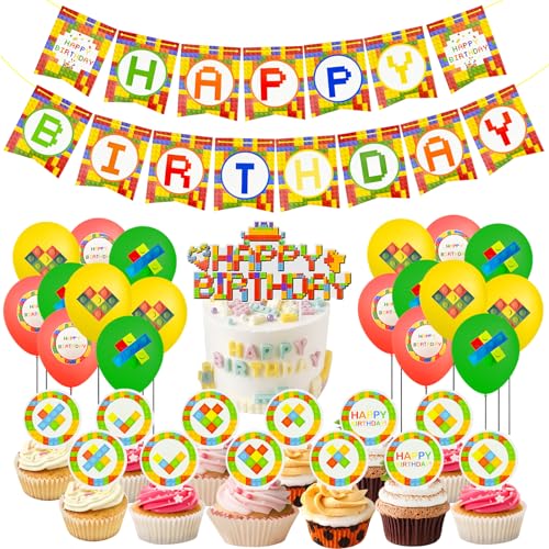 Bausteine Kindergeburtstagsparty Themenset, Building Block Party Tortenaufleger Set, Bunte Cupcake Bausteine Dekoration, Happy Birthday Banner mit 18 Bunte Luftballons, Party Deko für Junge & Mädchen von JTOOYS