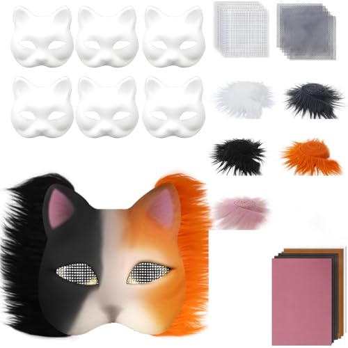 JTQYFI 29/42pcs Katzen Gesichtsmaske Weiße Papiermaske Unbemalte Maskeradenmaske Mit Pelzig von JTQYFI