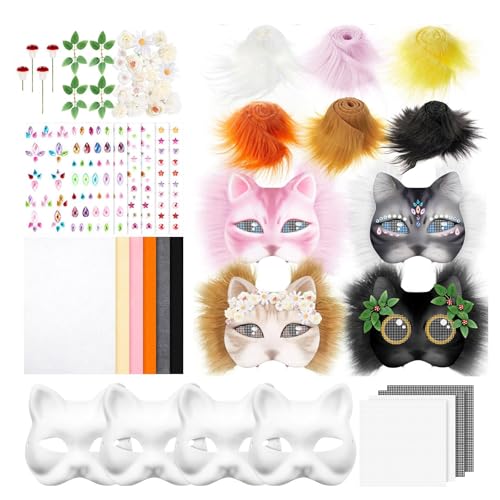 JTQYFI 4pcs Unbemaltte Katzen Gesichtsmaske Weiße Papiermaske Mit Pelziger Trimmfolgerter Stoff Augennetzaufkleber Unbemalte Maskeraden Maske von JTQYFI