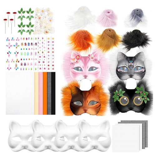 JTQYFI 4pcs Unbemaltte Katzen Gesichtsmaske Weiße Papiermaske Mit Pelziger Trimmfolgerter Stoff Augennetzaufkleber Unbemalte Maskeraden Maske von JTQYFI