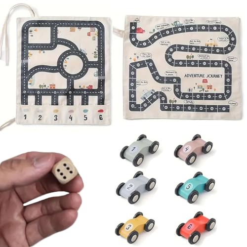 Canvas Car Toy Set, Traffic Playset Canvas Slot Car Race Track Sets, Cartoon Truck Car Toy with Play Mat, Dual Side Canvas Road Map Game with 6 Wooden Cars (Weiß) von JTYEBY