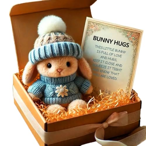 Mini Bunny Hug Cute Easter Gift, Handmade Emotional Support Positive Bunny, Bunny Stuffed Animal Sets with Box and Sweet Card, Crochet Mini Rabbit Hug with Knitted Hat and Pom Pom (Blau) von JTYEBY