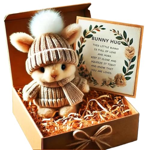 Mini Bunny Hug Cute Easter Gift, Handmade Emotional Support Positive Bunny, Bunny Stuffed Animal Sets with Box and Sweet Card, Crochet Mini Rabbit Hug with Knitted Hat and Pom Pom (Braun) von JTYEBY