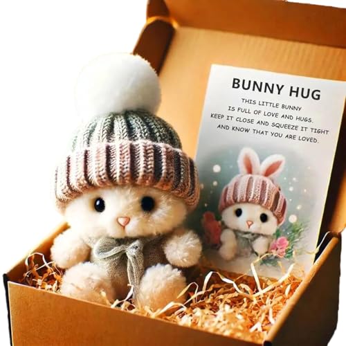 Mini Bunny Hug Cute Easter Gift, Handmade Emotional Support Positive Bunny, Bunny Stuffed Animal Sets with Box and Sweet Card, Crochet Mini Rabbit Hug with Knitted Hat and Pom Pom (Grau) von JTYEBY