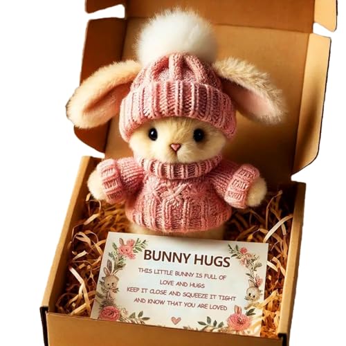 Mini Bunny Hug Cute Easter Gift, Handmade Emotional Support Positive Bunny, Bunny Stuffed Animal Sets with Box and Sweet Card, Crochet Mini Rabbit Hug with Knitted Hat and Pom Pom (Rosa) von JTYEBY
